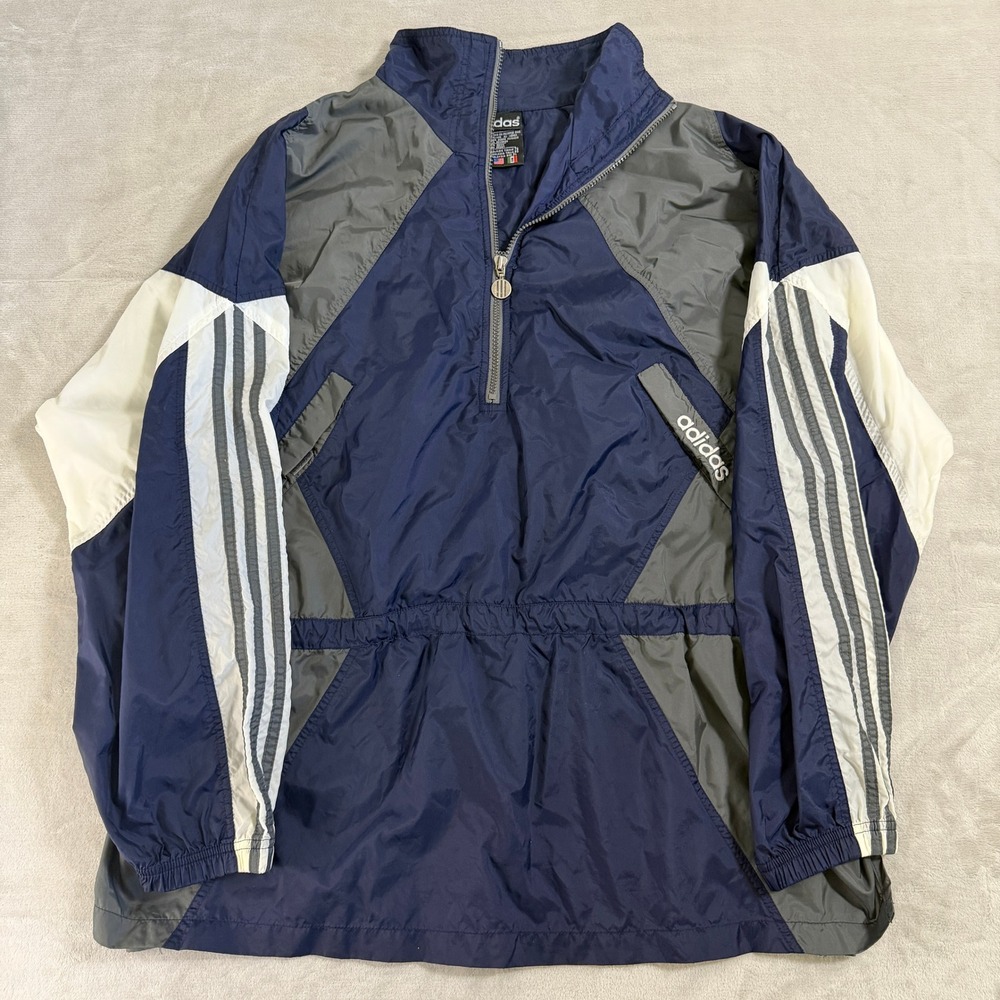 Vintage Adidas Quarter Zip Windbreaker‎ Navy Grey White Colorblock Mens XL